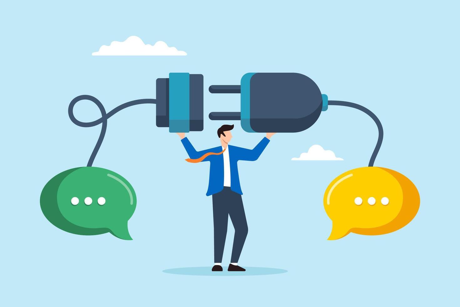 Flat illustration of businessman connect plug and socket conversation dialogue and speech bubble solving communication problem success collaboration vector