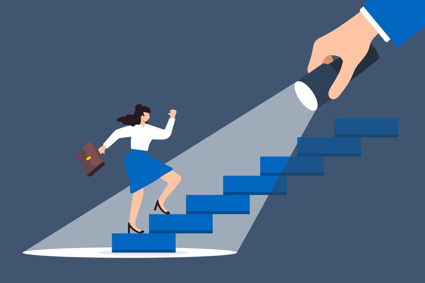Flat illustration of businesswoman step up staircase illuminated by flashlight career guidance spotlight to success discover talent job candidate vector
