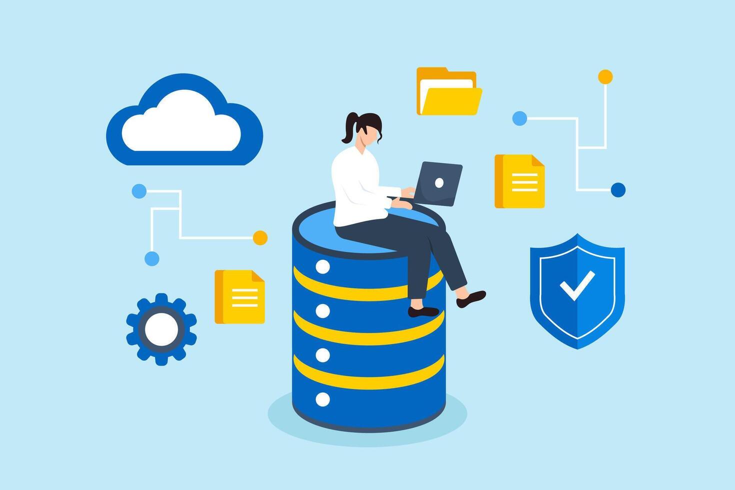 Flat illustration of businesswoman works with laptop on database system cloud computing secure data storage administration vector
