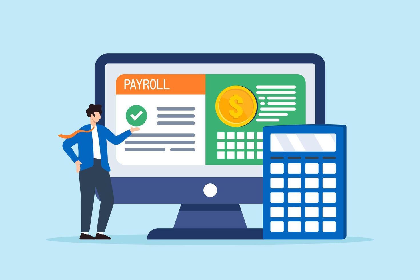 Flat illustration of businessman present online payroll on computer screen and calculator calculation salary automatic income payment accounting administrative employee wages vector
