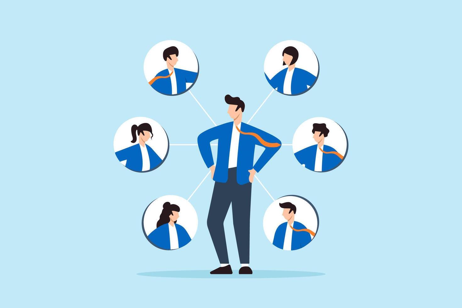 Flat illustration of businessman receive 360 degree feedback from colleagues performance appraisal customer review testimonial job networking employee evaluation rating vector