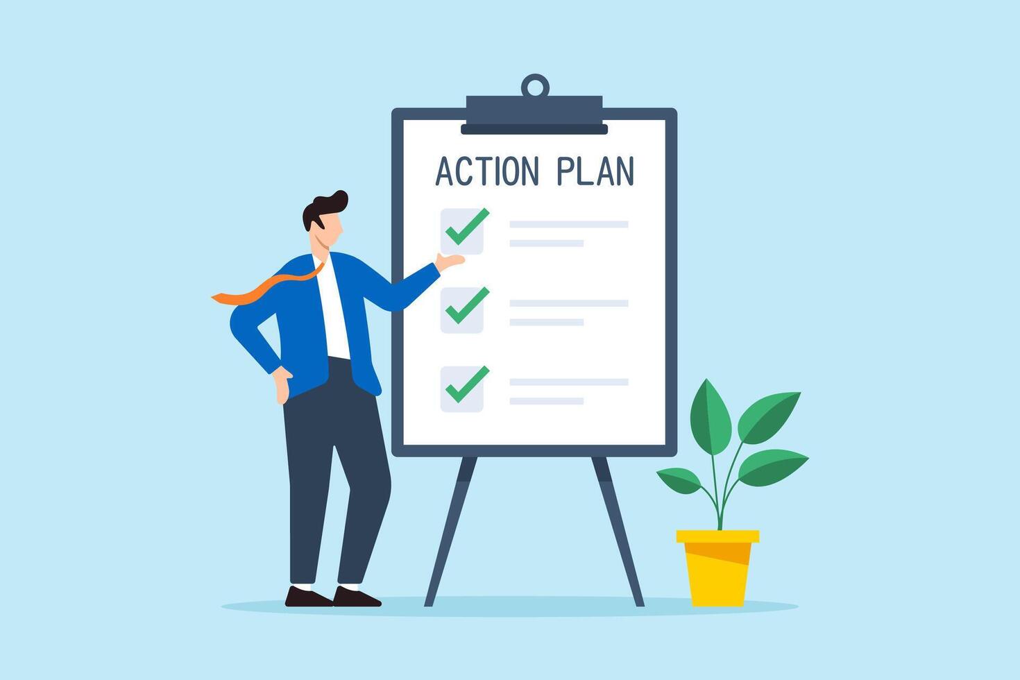 Flat illustration of businessman present action plan with checklist step on whiteboard to complete work and finish project procedure vector