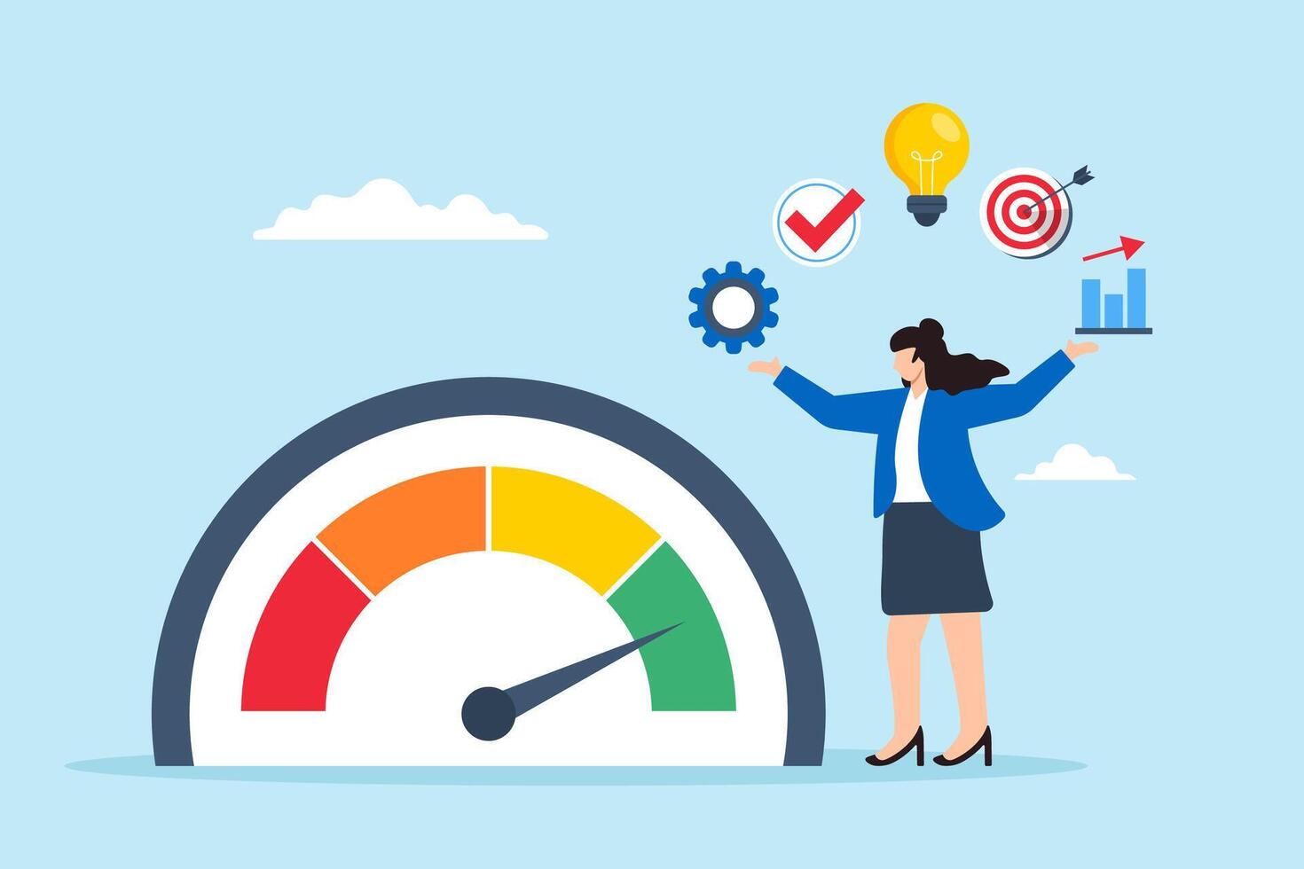 Flat illustration of multitasking businesswoman work efficiency on high performance success talent employee productivity skill vector