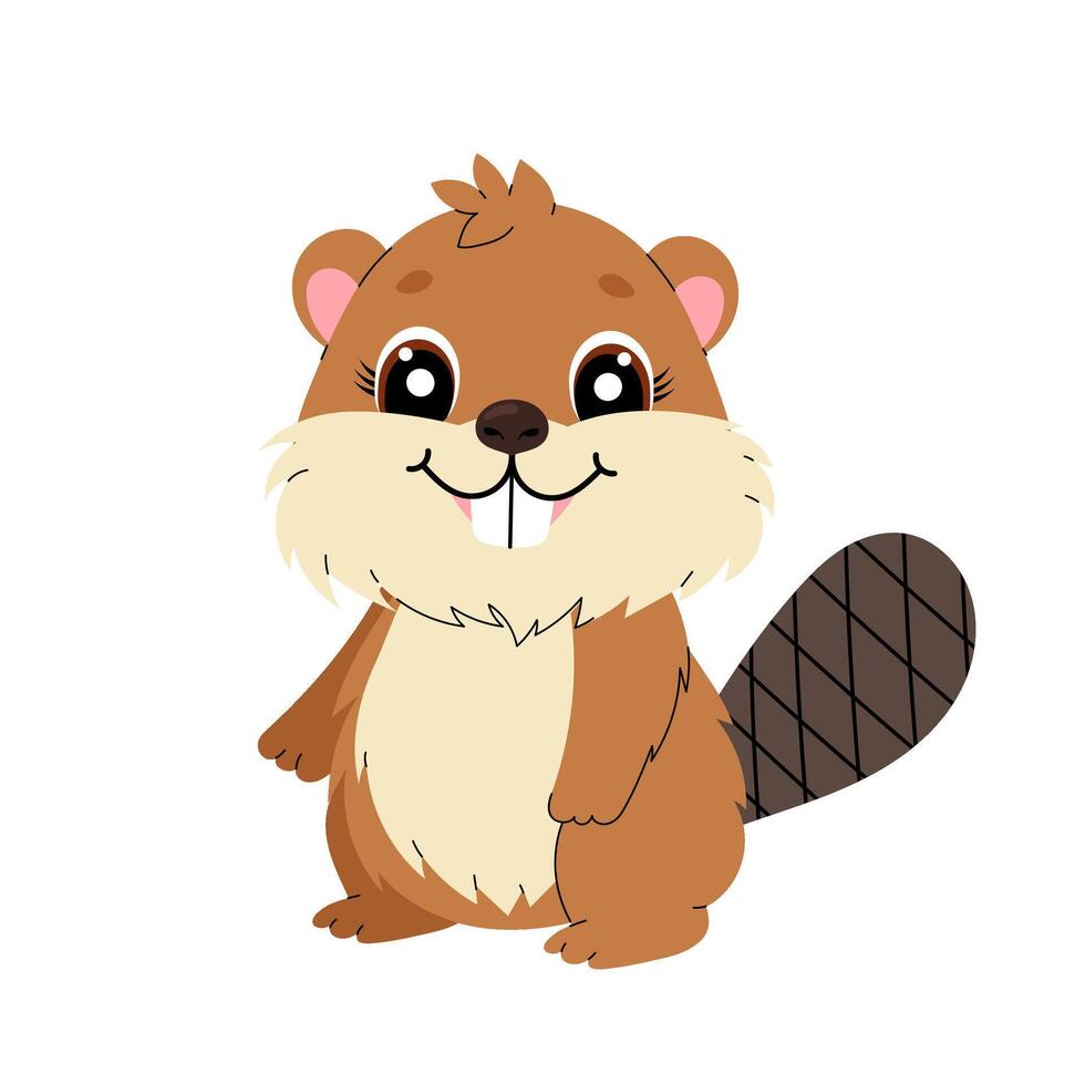 Beaver. Wild shorthaired animal. Flat kids illustration of animal on white background. vector