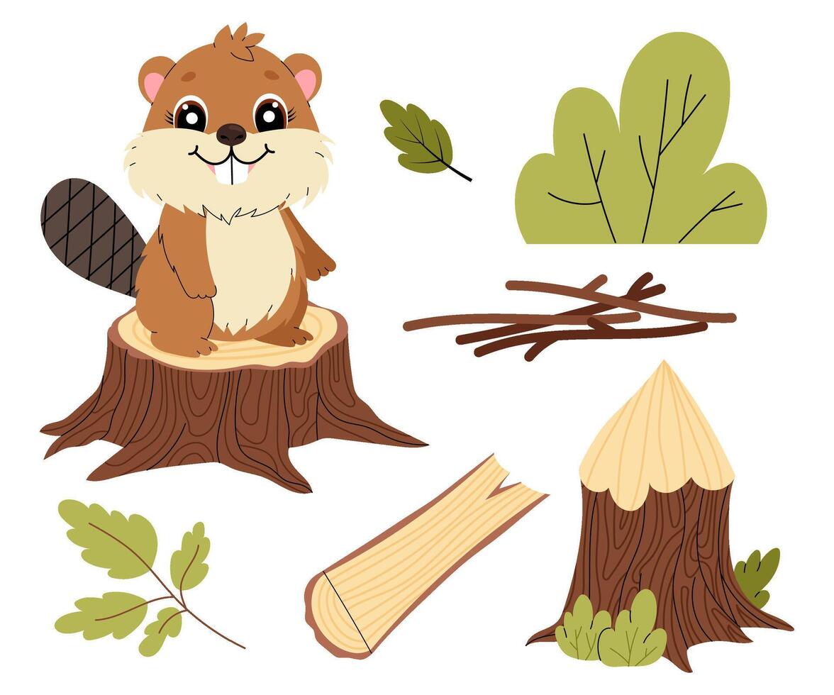 Beaver. A cute rodent on a stump. Flat illustration of animal and its habitat on white background. vector