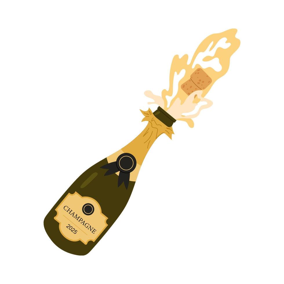 Bottle of champagne. Bottle with gold label for Happy Birthday, Christmas and New Year greetings. Splashes explosion of sparkling wine. vector
