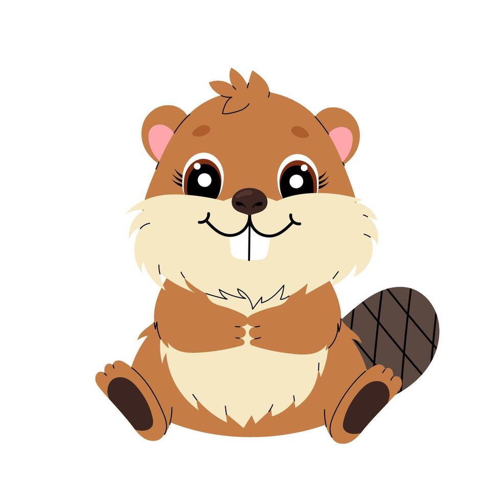 Cartoon Beaver. A cute mammal animal. Flat illustration on white background. vector