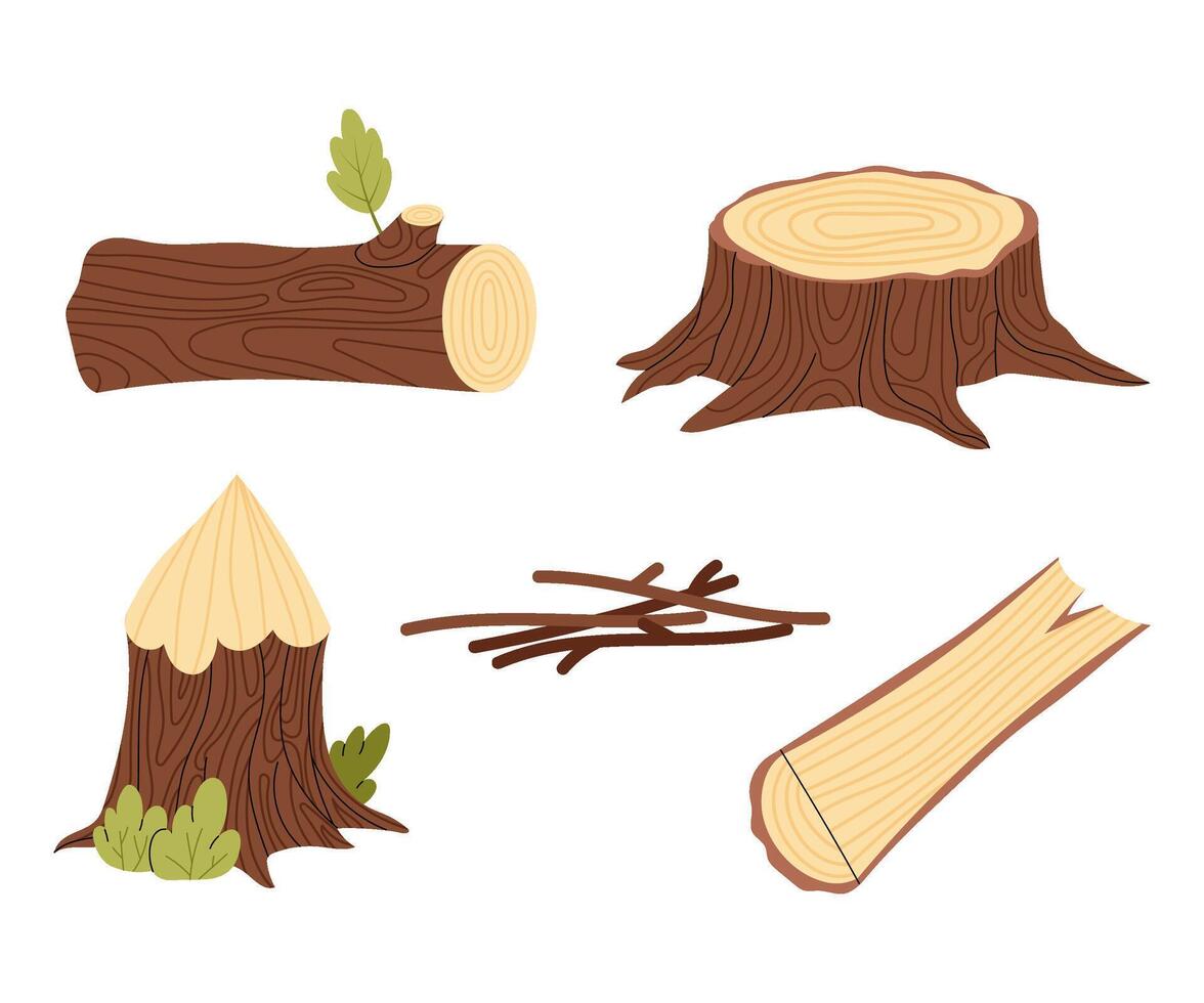 Set of wood logs for lumber industry. Woodworking concept. Tree trunk, stump and planks. Woodwork illustration vector