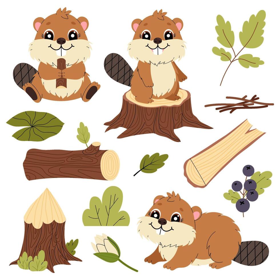 Beaver. A set of cartoon illustration of a cute rodent. Wild Animals. Tree, log, stump. Flat illustration on white background for kids. vector
