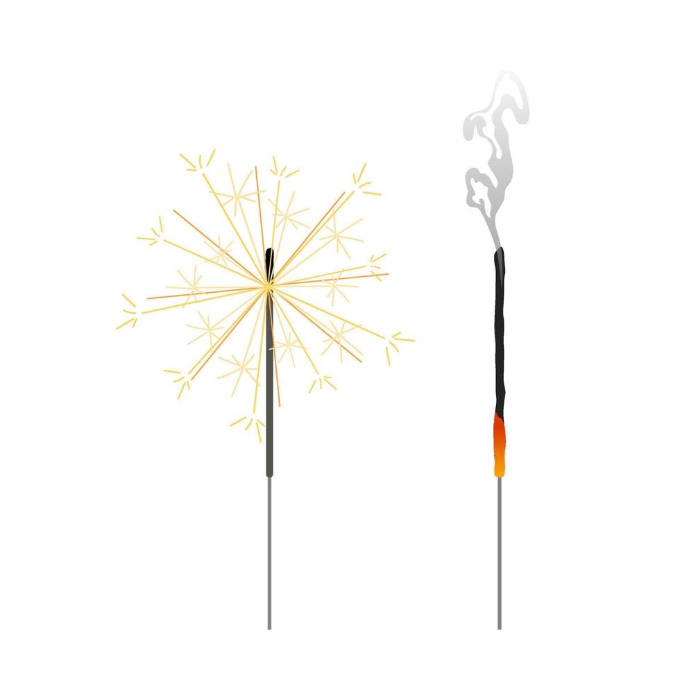 Christmas sparkling lights. Bengal fire. Festive glowing sparklers. Extinguished Bengal fire. Decorative festive holiday element. Flat illustration on white background. vector