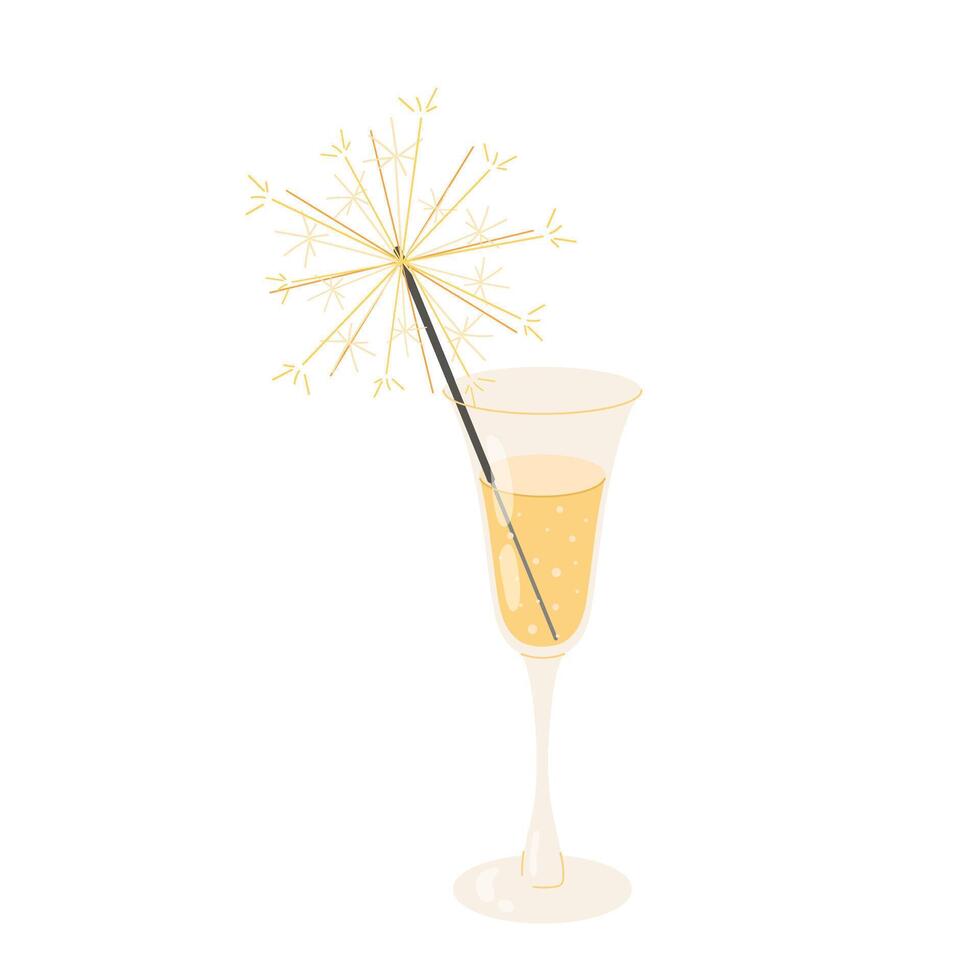 Glass of champagne. Bengal fire. Festive decor. Alcoholic drink. Flat illustration on white background. vector