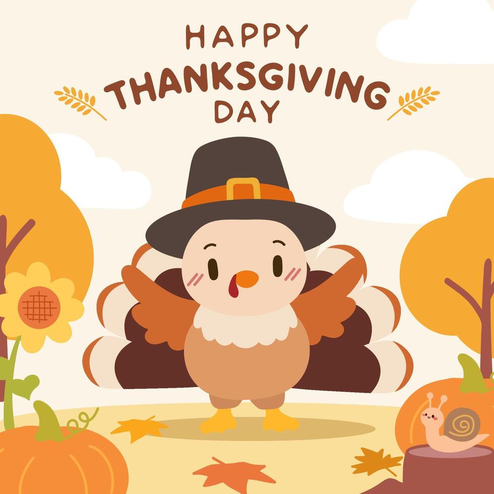 A cute Thanksgiving illustration of a cartoon turkey dressed in a pilgrim hat, surrounded by autumn leaves, pumpkins, and a friendly snail, perfect for holiday greeting cards and festive designs. vector
