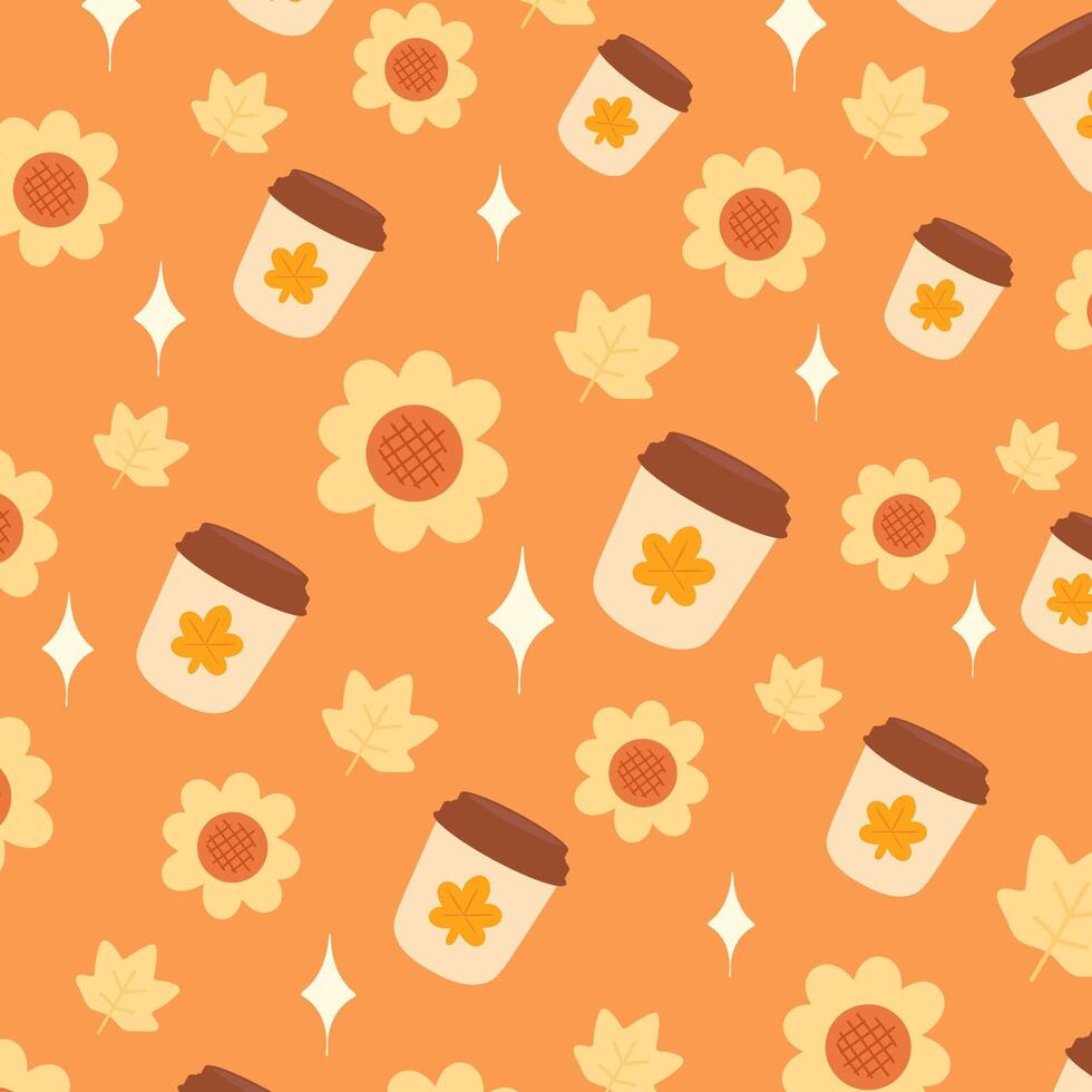 Cute autumn themed pattern features kawaii style coffee cups, sunflowers, and fall leaves on a warm orange background. vector