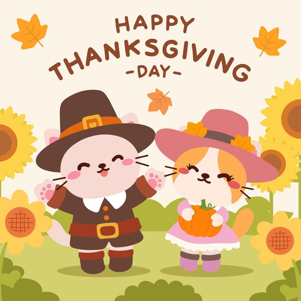 An adorable Thanksgiving illustration featuring two cartoon cats dressed in pilgrim outfits, surrounded by sunflowers and autumn leaves, celebrating with cheerful smiles. vector
