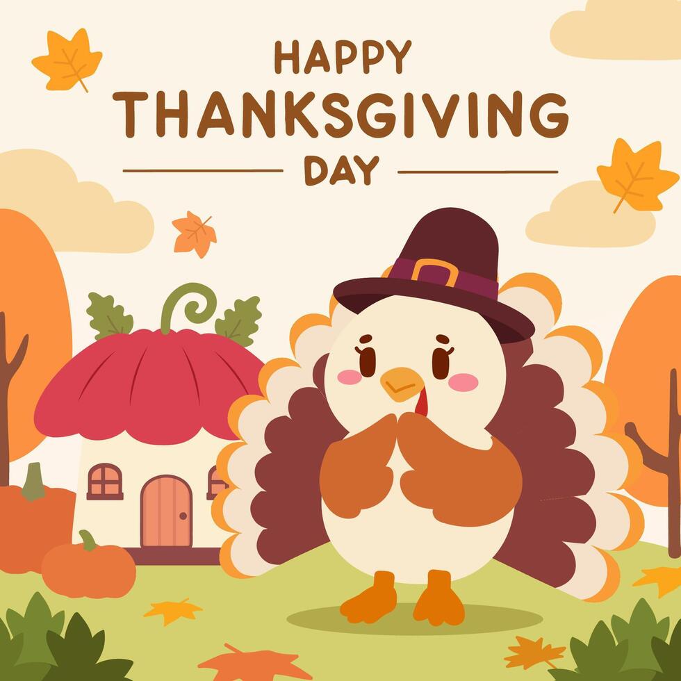 Thanksgiving illustration showcases an adorable kawaii turkey in a pilgrim hat, standing in front of a pumpkin shaped house in a cozy autumn forest. Surrounded by falling leaves and autumn colors. vector