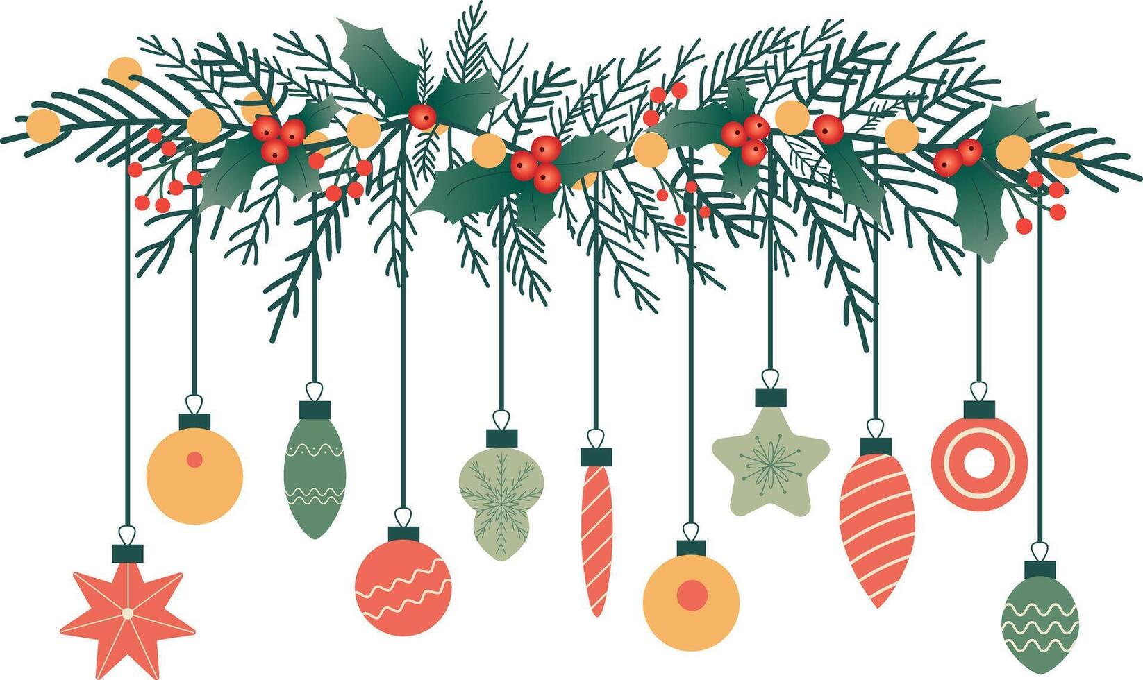 Christmas hand drawn horizontal garland with branches and christmas decoration with lights for holiday greetings, Christmas cards, festive wallpaper, and seasonal designs. illustration vector