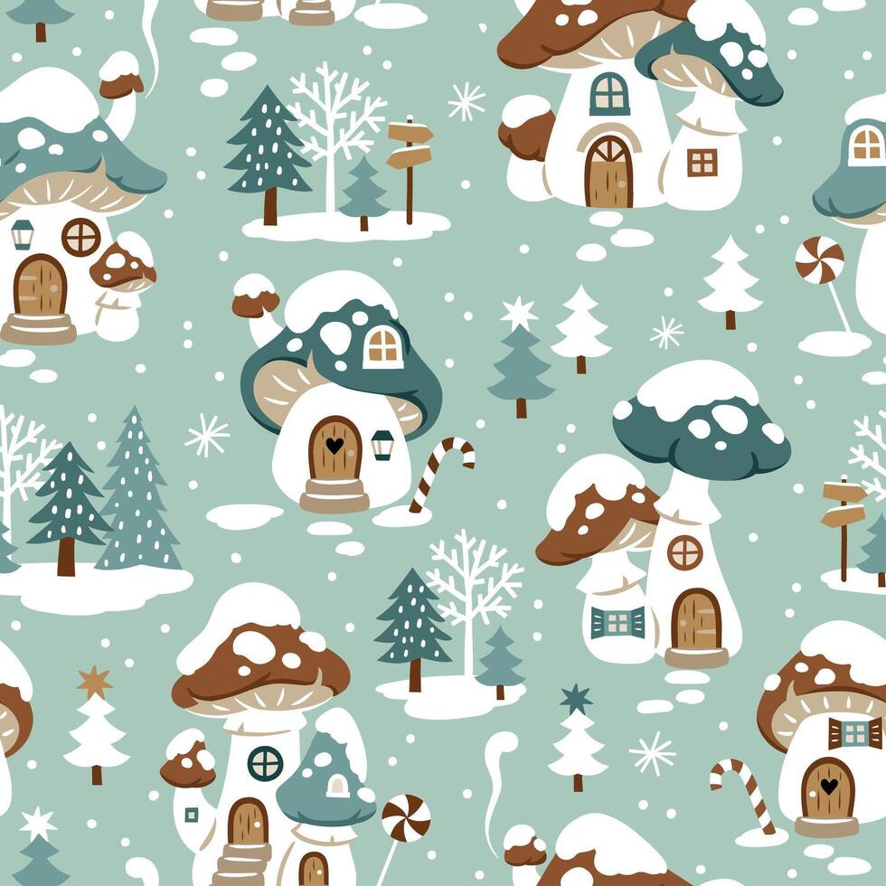 Seamless pattern with cute winter mushroom houses, snowflakes and snowy trees. Hand drawn Christmas wallpaper design. Perfect for textile, wallpaper or nursery print design. vector