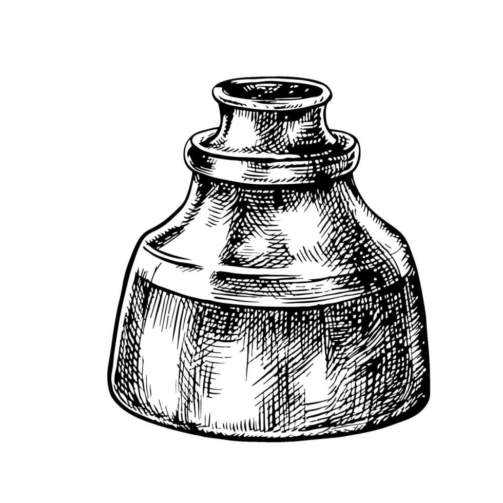 The inkwell is vintage. black and white graphics. Hand-drawn illustration on a white background. An element of the design of postcards, flyers, posters. For stickers, banners and more. vector