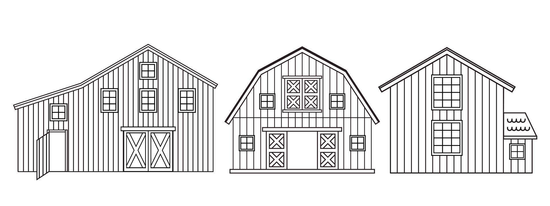Set of black white line red farm wooden barns for coloring book. Isolated line illustration of objects on white background vector