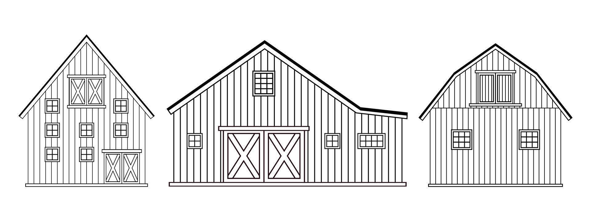 Set of black wite doodle cartoon alone wooden barn houses, roofs, windows and doors with crossed white boards. Outline isolated hand drawn illustrations on white background, front view vector