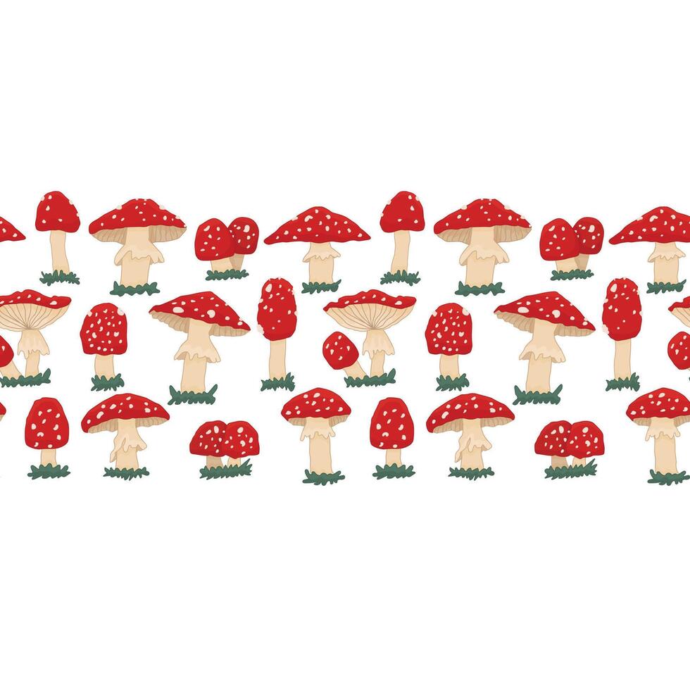 Horizontal repeatable border of Red cute amanita mushrooms with grass. seamless border on a white background for kids vector