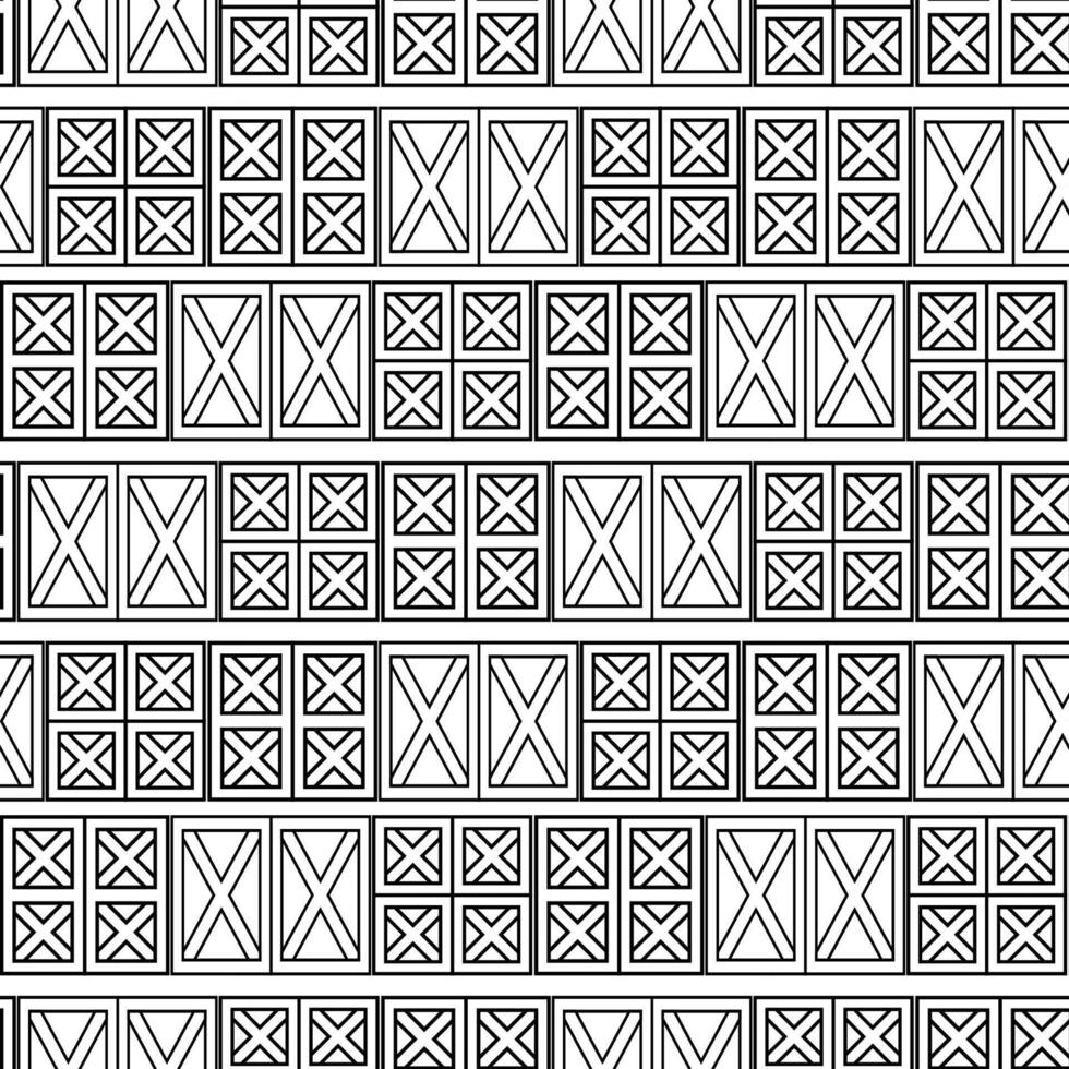 Geometrical seamless pattern of wooden doors. Black white outline texture of wooden houses on white background vector