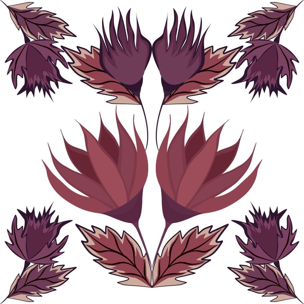 Seamless pattern with flowers and leaves in purple-red colors. Illustration a of a floral composition. Can be used for fabric textile tiles wrapping paper vector