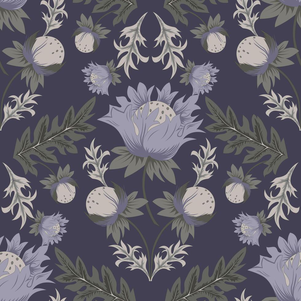 Seamless floral pattern with flowers buds and leaves. Illustration of a floral composition in William Morris style for greeting cards and textile. vector
