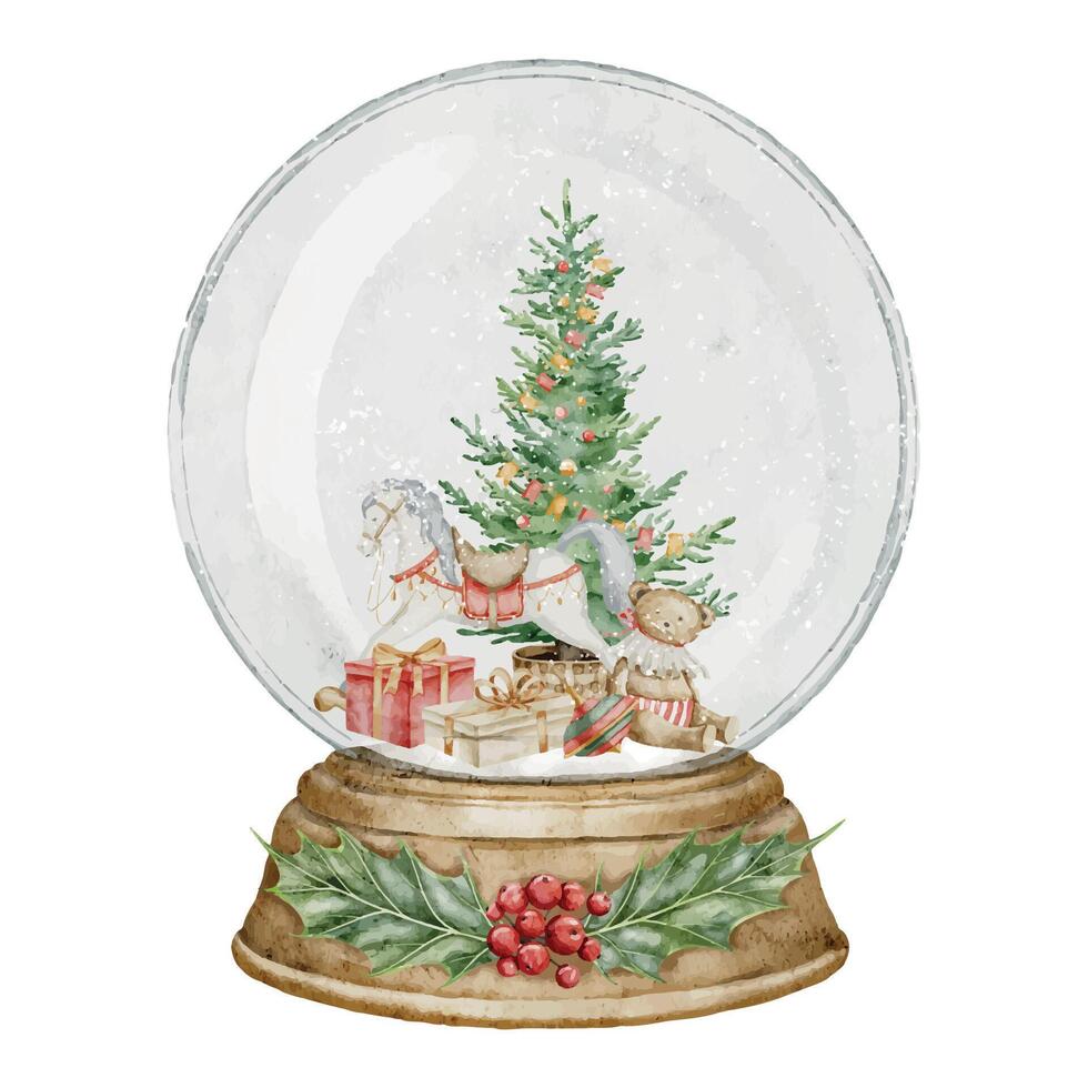 Christmas snow Globe with fir tree and retro baby toys. Watercolor illustration of New Year decor with presents and snowflakes on isolated background. Drawing of glass sphere with rocking horse. vector