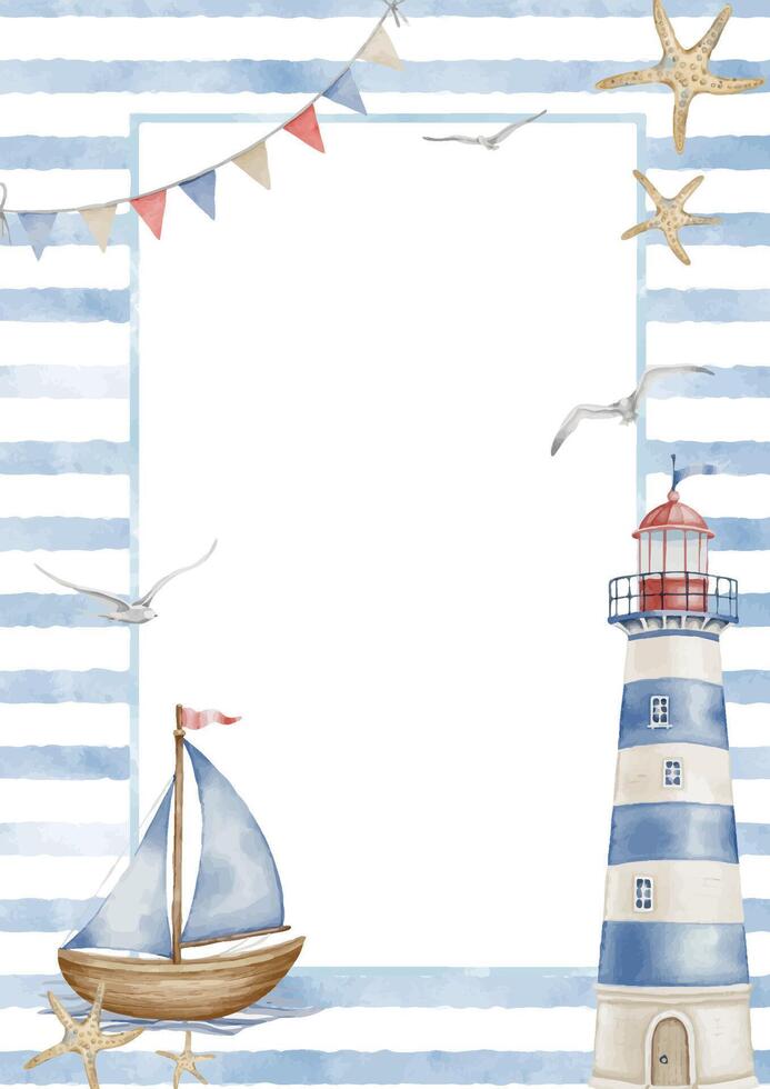 Watercolor Template with Lighthouse and ship for Baby greeting cards or childish invitations. Drawing of Frame with sailboat and beacon in pastel blue and beige colors. Nautical illustration. vector