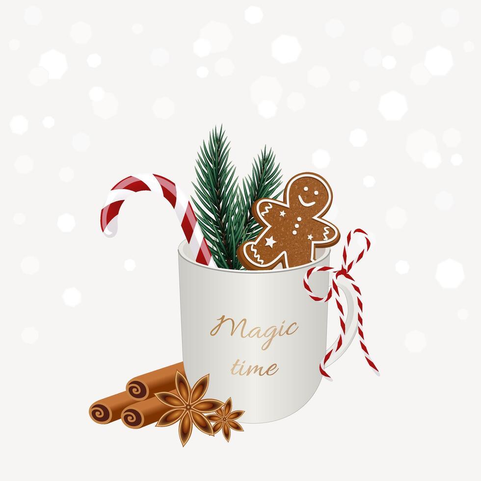 Winter poster with a cup, gingerbread, sweet, fir branch and lettering Magic time. vector