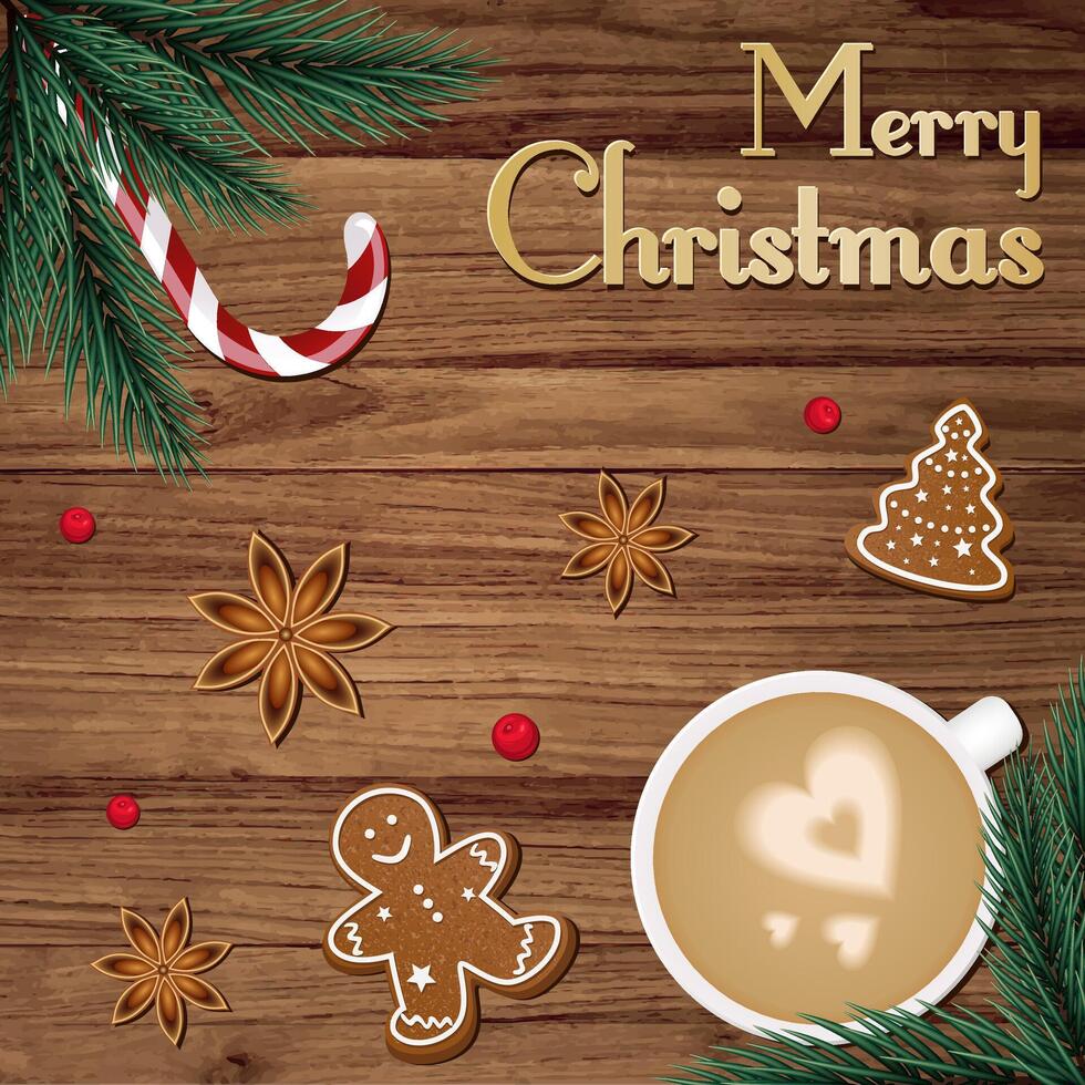 Merry Christmas banner with a cup of coffee, gingerbread cookies and cloves. Greeting card. vector