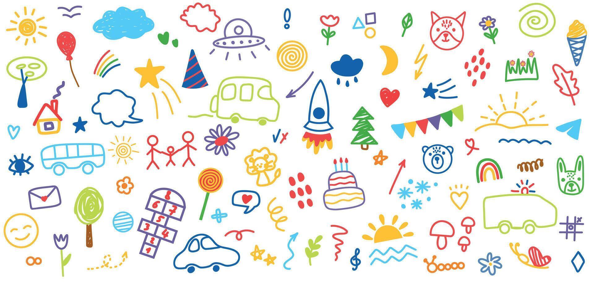 Hand drawn colored set of simple decorative childish elements. Various kid outline icons. Various simple illustrations such as hearts, crowns, cloud, sun, flowers, stars, houses, trees, lines. vector