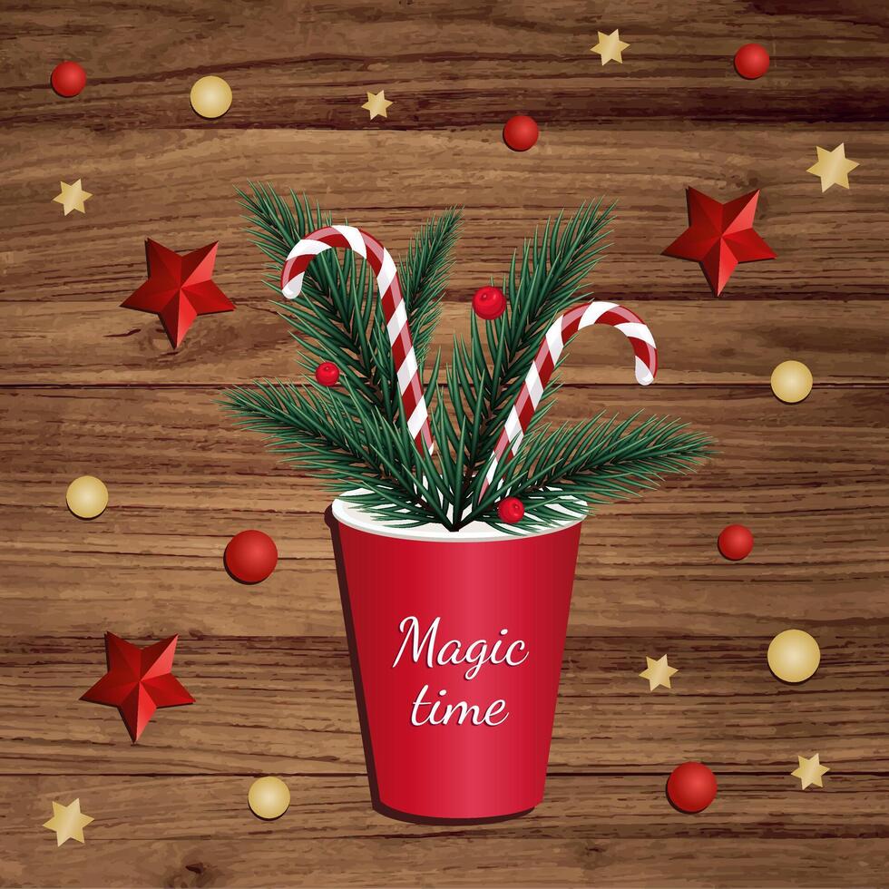 Winter poster with a cup, sweets, fir branch and lettering Magic time. vector