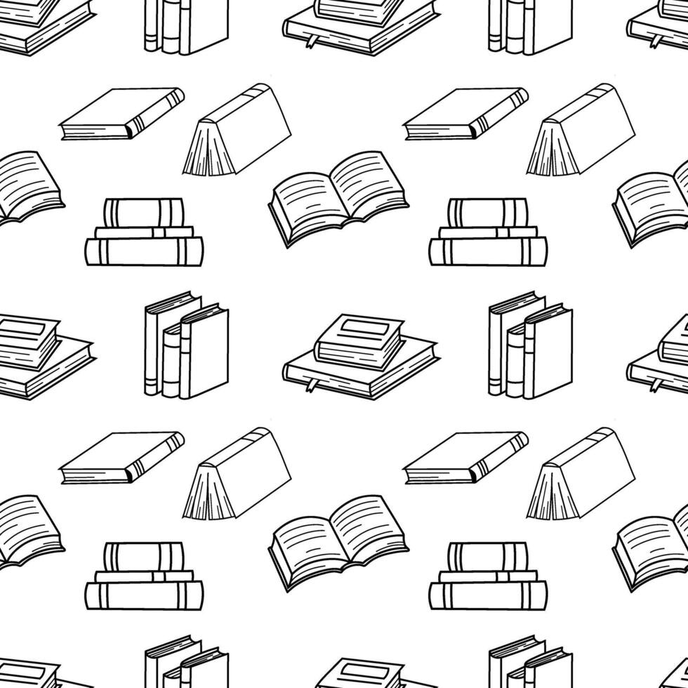Closed and open books outline pattern. Books line background. Bookstore, library line symbols. Literature, dictionaries, planners pattern. vector
