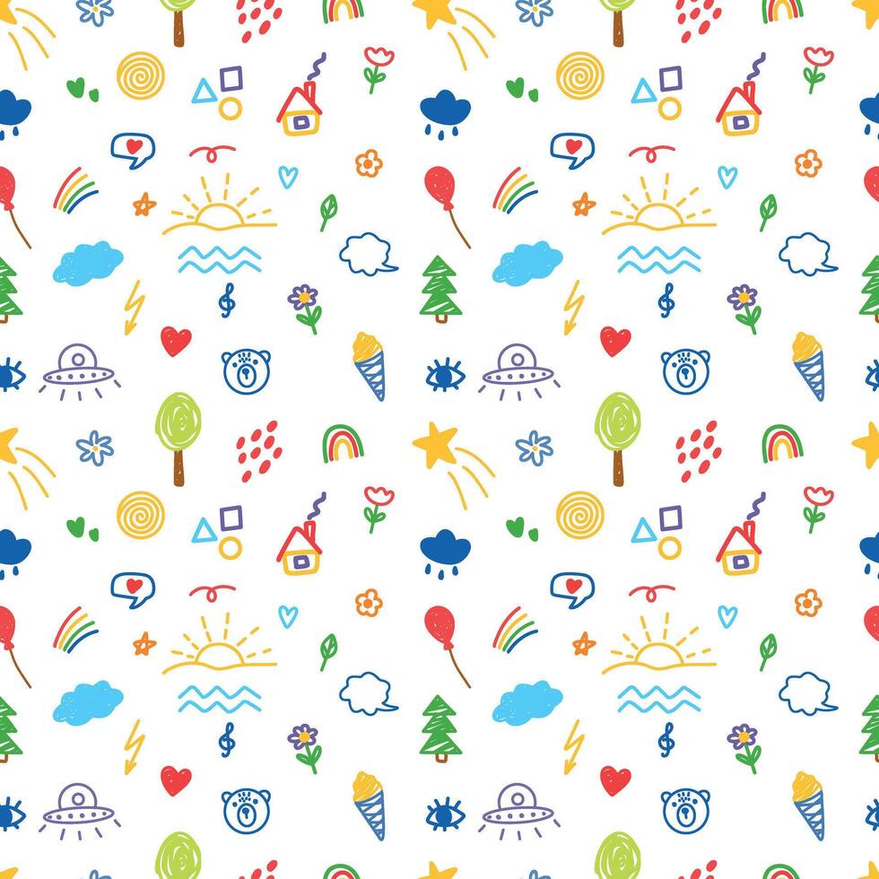 Children drawings seamless pattern. Kids doodle texture. Hand drawn cute house, cat. Baby seamless pattern. Editable stroke. illustration on white background. vector