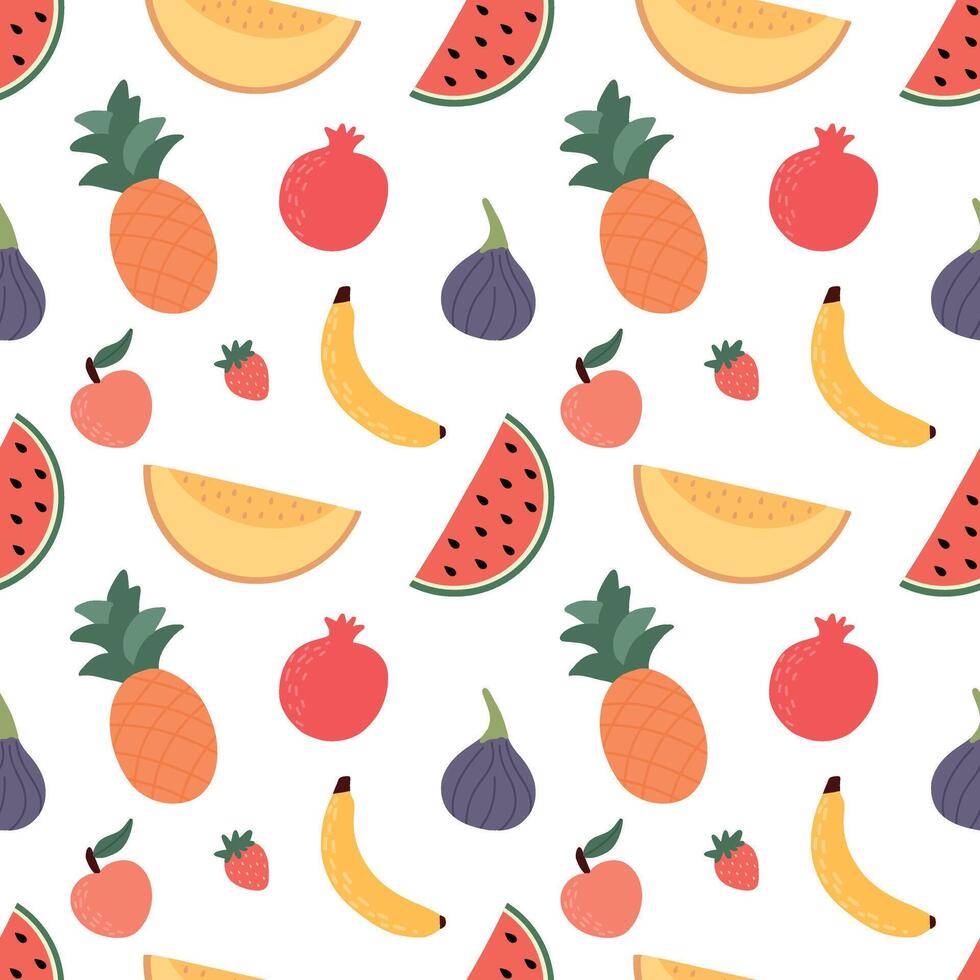 Fruit and berry background, abstract food, seamless pattern. Fresh fruit wallpaper with long watermelon, dynamite, fig, strawberry, texts icons. Vegetarian food illustration. EPS10. vector