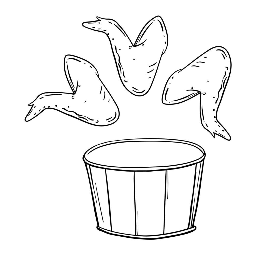 Fried chicken wings in sketch style. Street fast food drawing in line art style isolated on white. Graphic illustration outline doodle icon. Decoration for menus, signboards, showcases vector