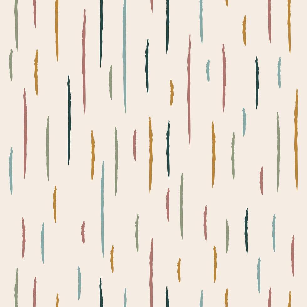 Seamless pattern features vertical brushstroke elements in shades of teal, mustard yellow, dusty pink, olive green, and dark teal on a light beige background vector