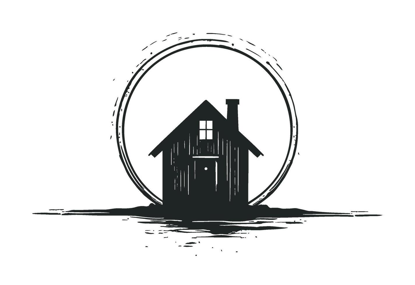 Hand-drawn house with a triangular roof and chimney, surrounded by a rough circle. Simple, rustic design vector