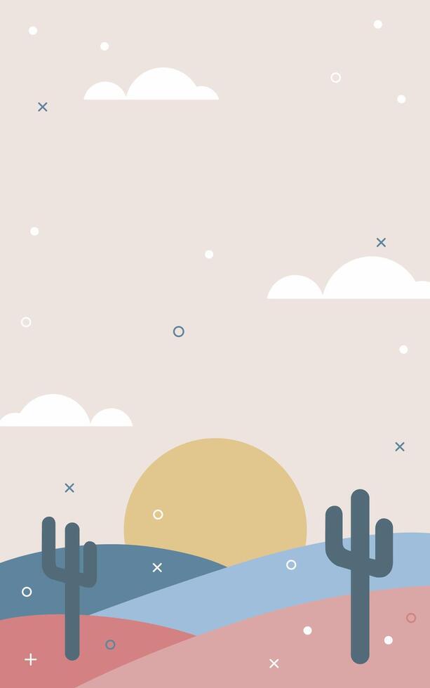 Simple and minimalist desert landscape with cactus and sun vector