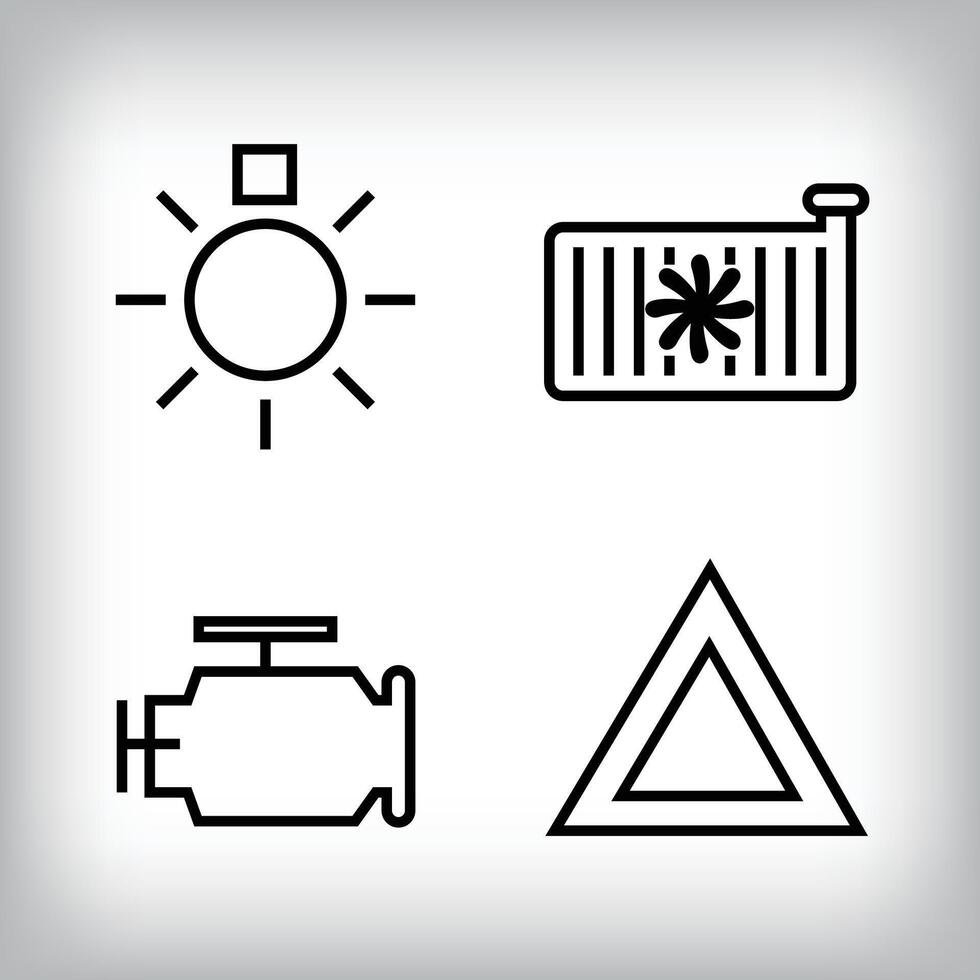 Linear vehicle icon set. Light bulb, emergency sign, radiator and engine vehicle parts and design icon set. vector