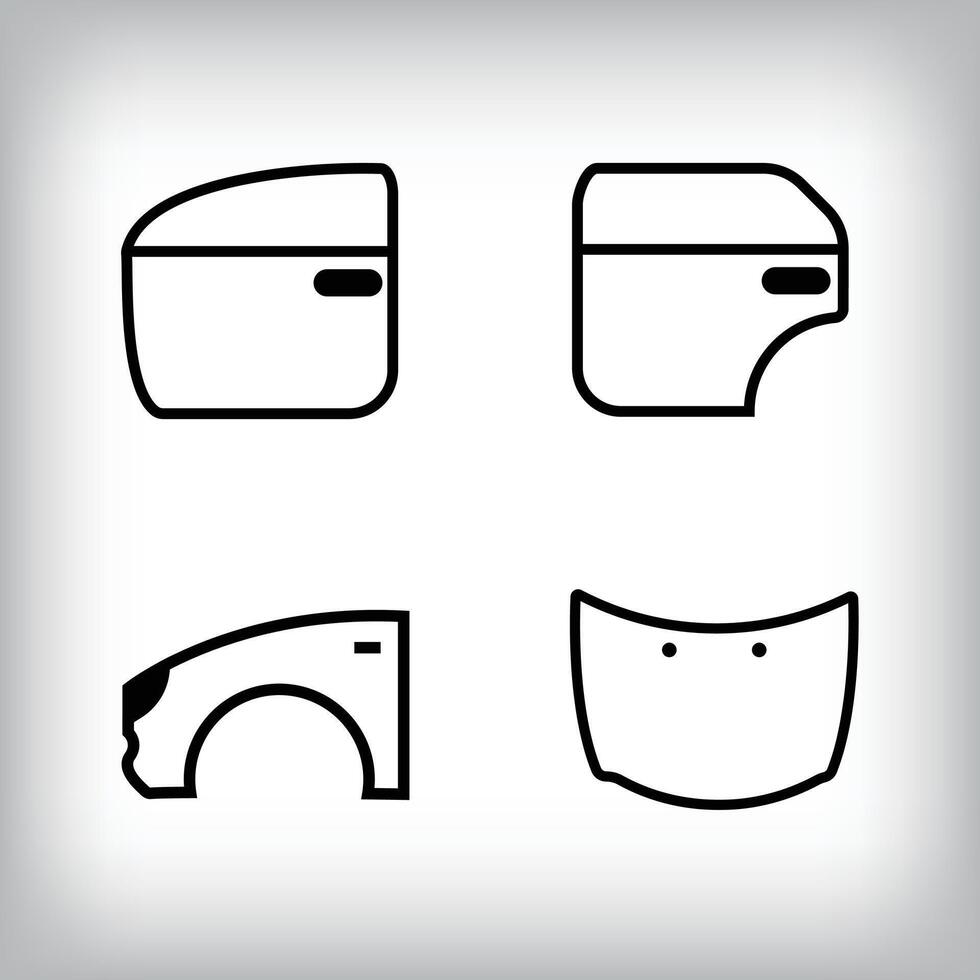 Linear set of 4 vehicle body icons. Door, fender and hood vehicle parts and design icon set. vector