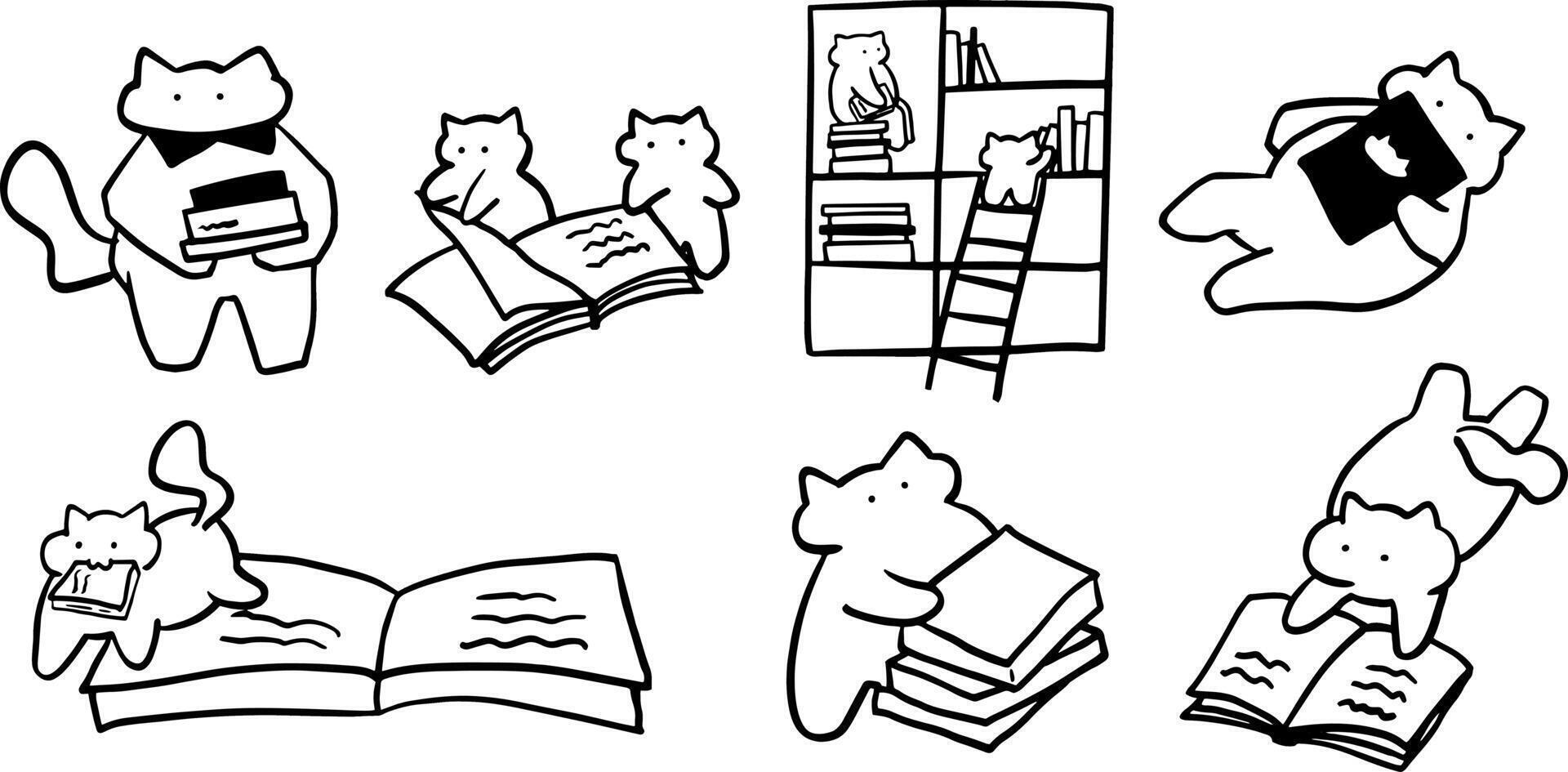 Cozy Cat and Book Doodle Collection for Bookworms vector