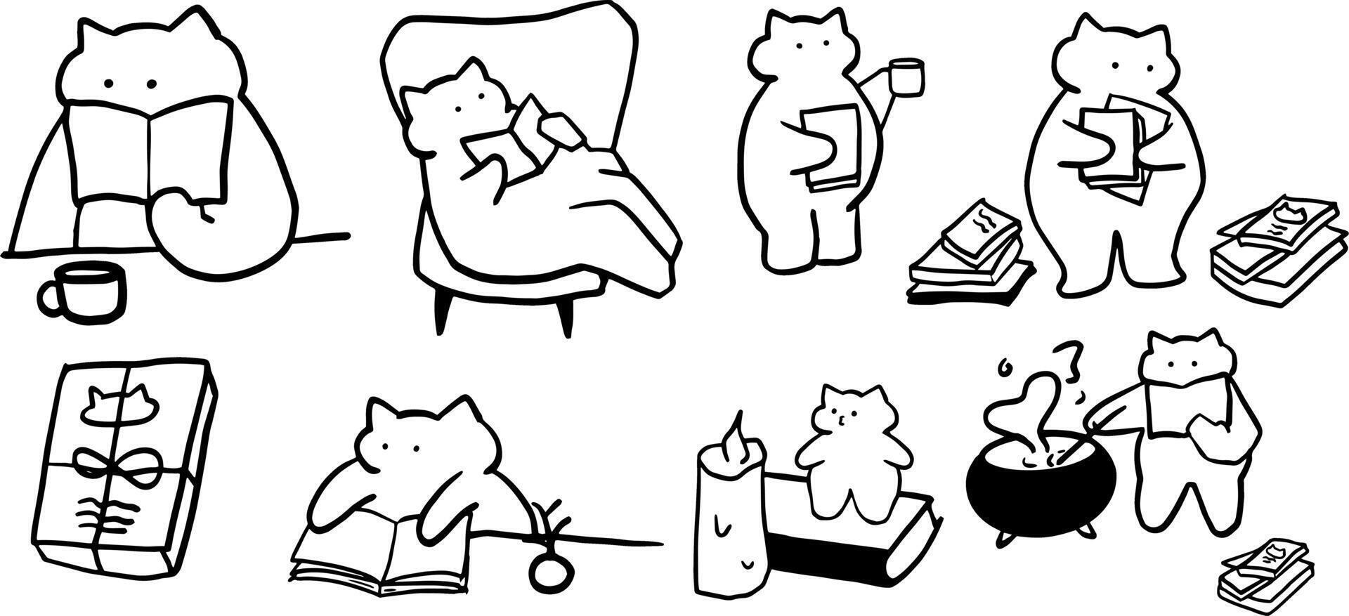 Cute Cats and Books in Minimalist Doodle Style vector