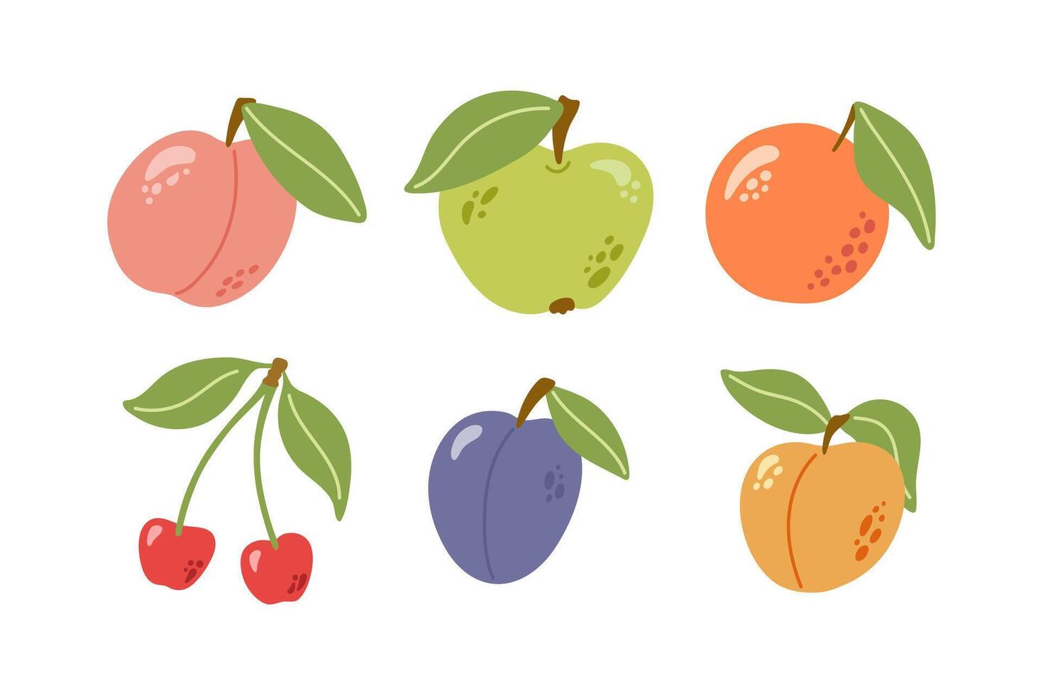 Summer fruits and berries with leaves. Orange, peach, apple, cherry, plum, apricot. Hand drawn cartoon set illustration. vector