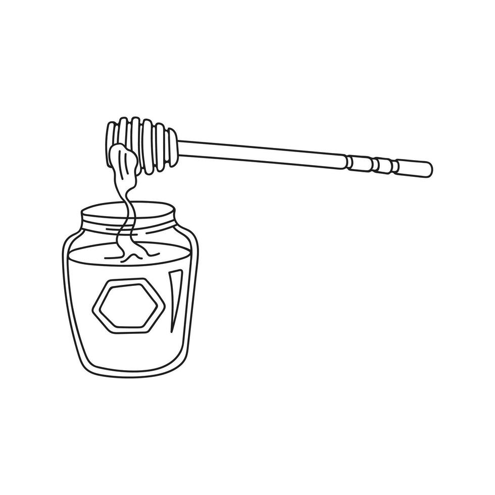 Glass jar honey with dipper and liquid dripping honey. Hand drawn doodle illustration. vector