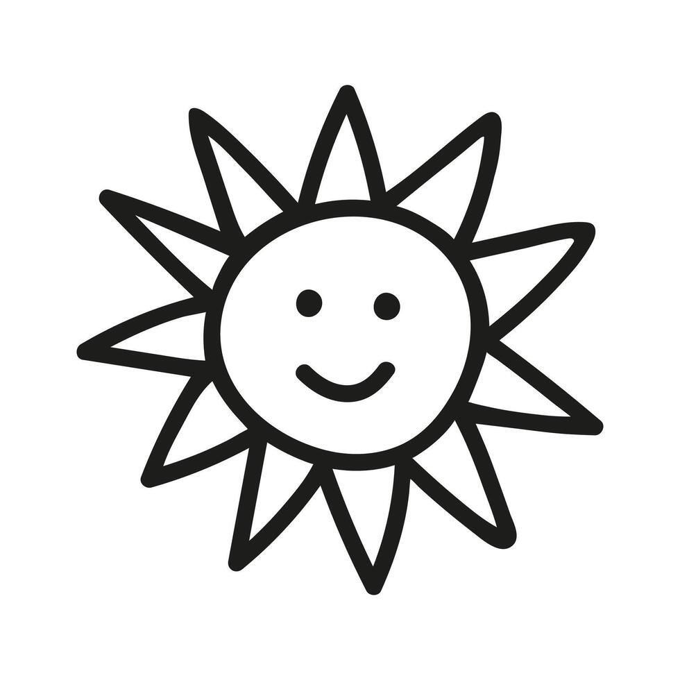 Sun circle spiral shape with rays and smile. Hand drawn doodle illustration. vector