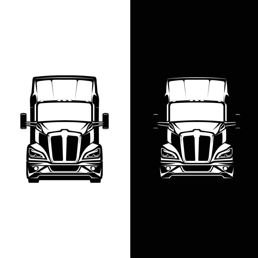 Semi truck 18 wheeler freight big rig front view art illustration isolated. Black and white color vector