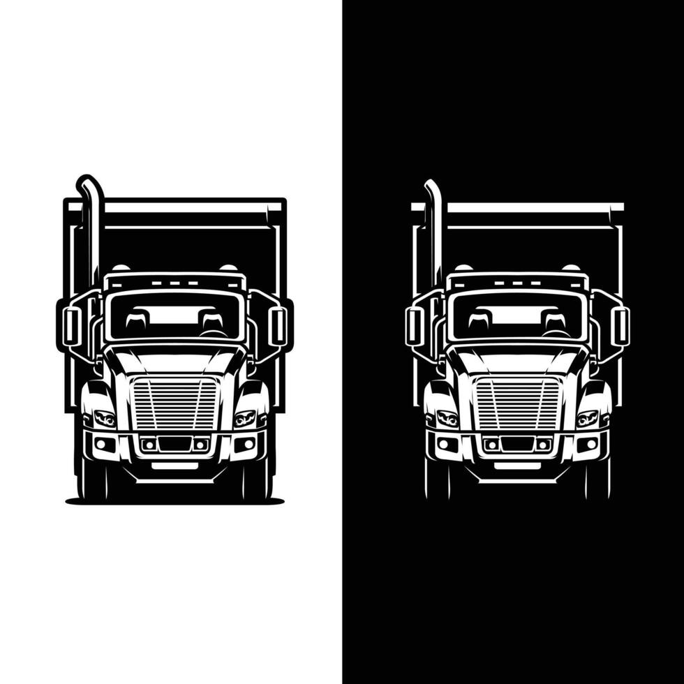 Semi truck 18 wheeler freight big rig front view illustration isolated. Black and white design concept vector
